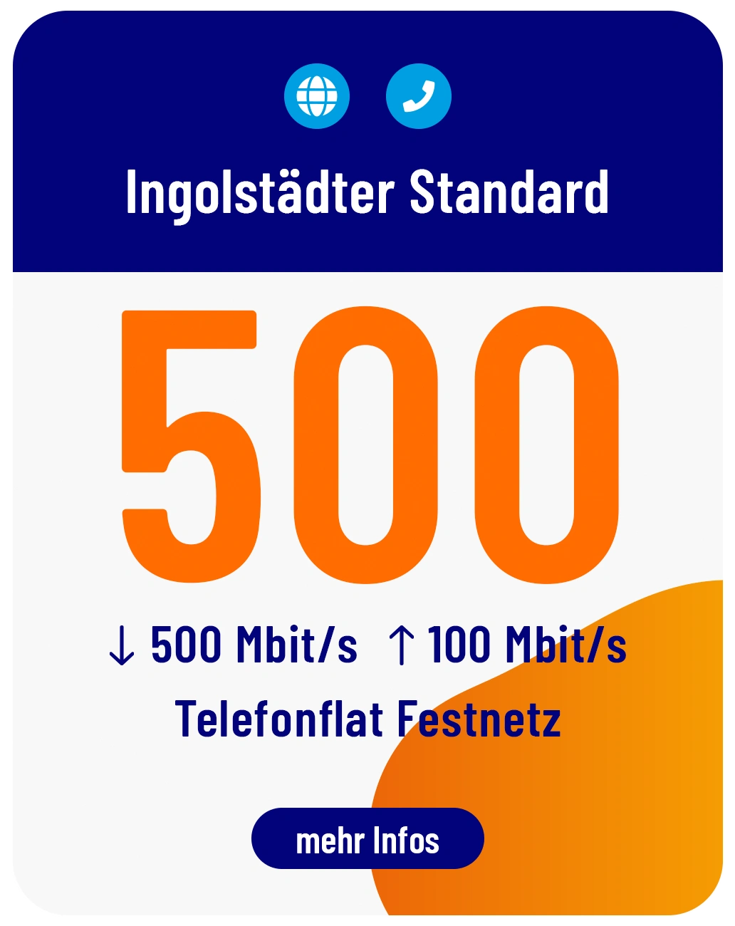 Tarifkarte: "Ingolstädter Standard" - Internet mit 500 Mbit/s Download, 100 Mbit/s Upload und Telefonflat im Festnetz. Button "mehr Infos" vorhanden.