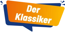 Grafik: Blau orange Sprechblase "Der Klassiker"